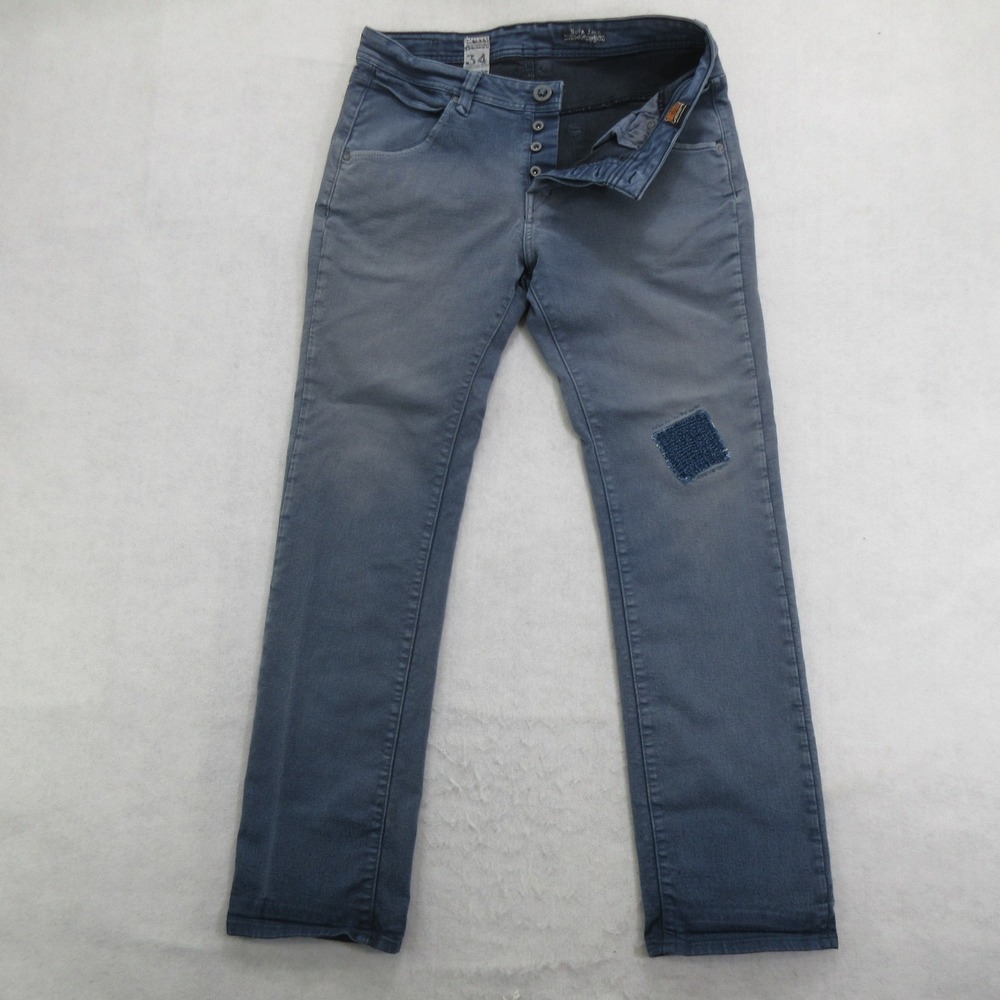 Volcom Men's Nova Jeans 34 Blue Straight Leg Button Fly Patched Stretch